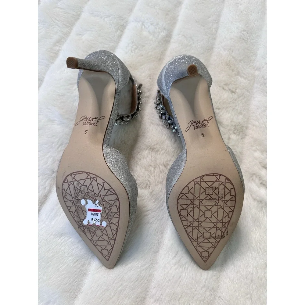 Badgley Mischka Jewel Robles Silver Heel Shoes Jeweled Ankle -‎ Size 5 NEW